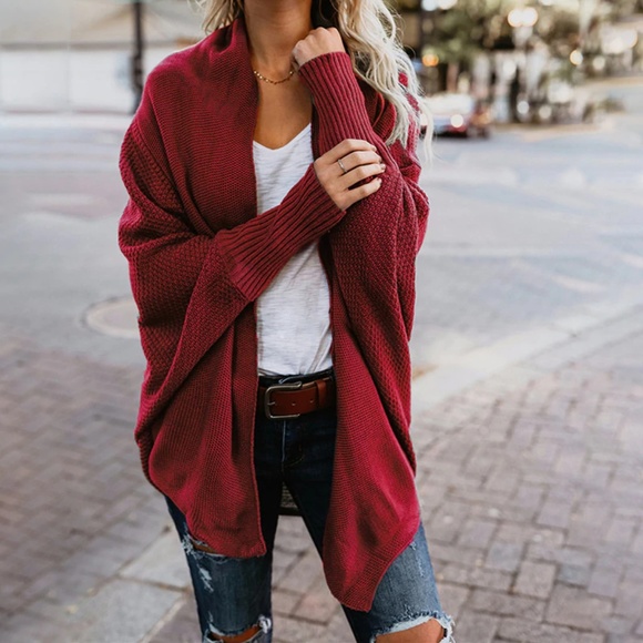 red oversized cardigan